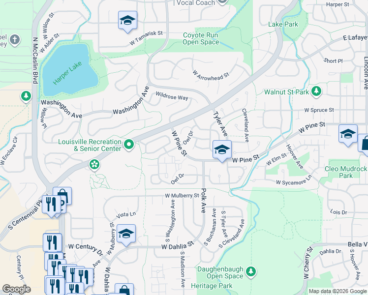 map of restaurants, bars, coffee shops, grocery stores, and more near 802 Owl Drive in Louisville