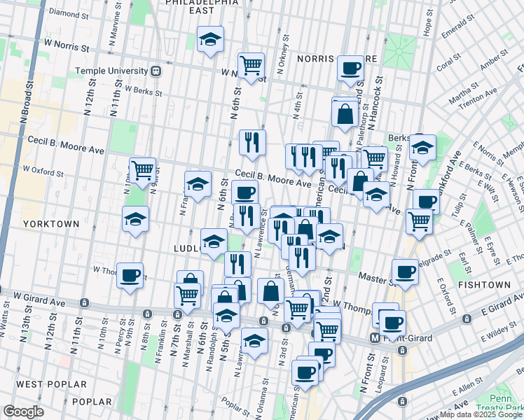 map of restaurants, bars, coffee shops, grocery stores, and more near 1554 North Lawrence Street in Philadelphia