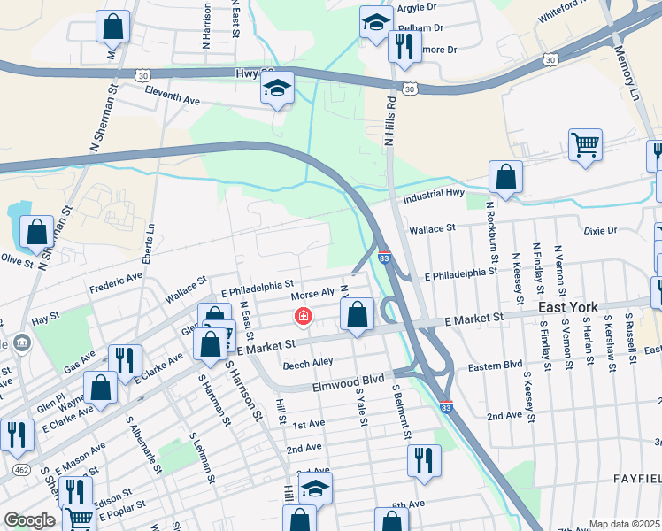 map of restaurants, bars, coffee shops, grocery stores, and more near 1551 East Philadelphia Street in York