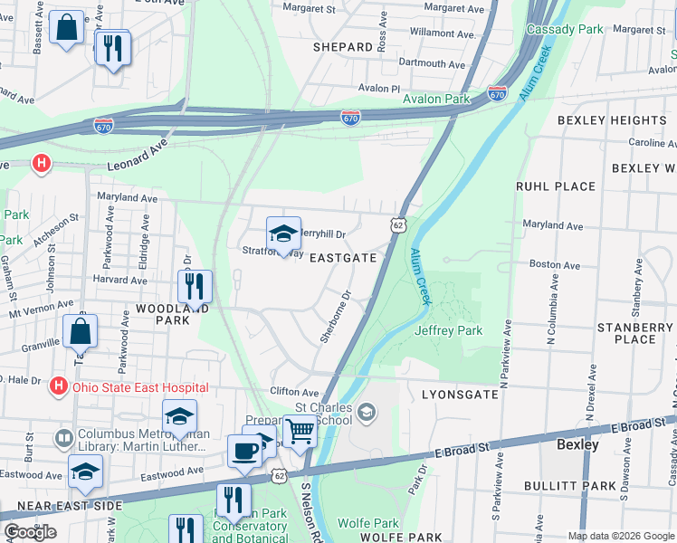 map of restaurants, bars, coffee shops, grocery stores, and more near 333 Sherborne Drive in Columbus