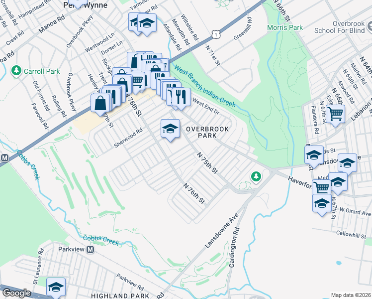 map of restaurants, bars, coffee shops, grocery stores, and more near 7507 Woodcrest Avenue in Philadelphia