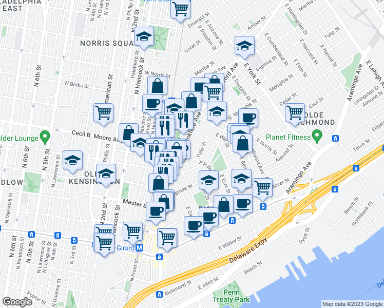 map of restaurants, bars, coffee shops, grocery stores, and more near 1731 Sepviva Street in Philadelphia