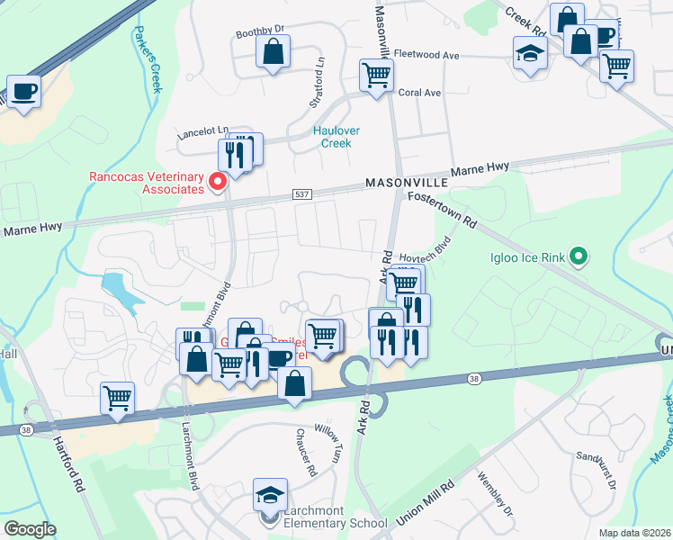 map of restaurants, bars, coffee shops, grocery stores, and more near 4706B Adelaide Drive in Mount Laurel Township