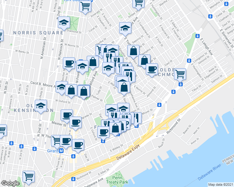 map of restaurants, bars, coffee shops, grocery stores, and more near Gaul St & E Wilt St in Philadelphia