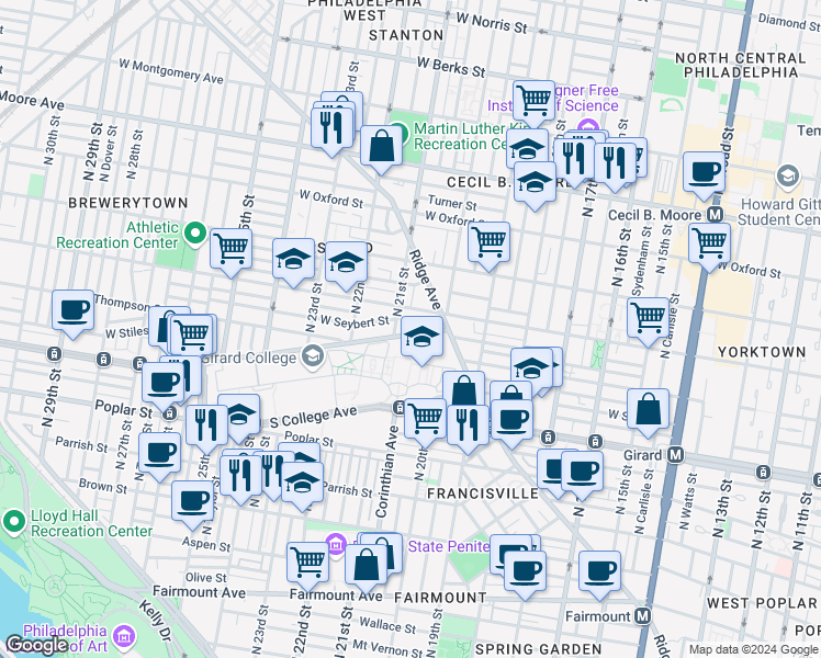 map of restaurants, bars, coffee shops, grocery stores, and more near 2035 North College Avenue in Philadelphia