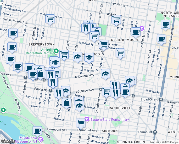 map of restaurants, bars, coffee shops, grocery stores, and more near 2214 West Seybert Street in Philadelphia