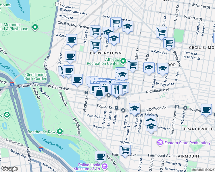 map of restaurants, bars, coffee shops, grocery stores, and more near 2707 West Stiles Street in Philadelphia