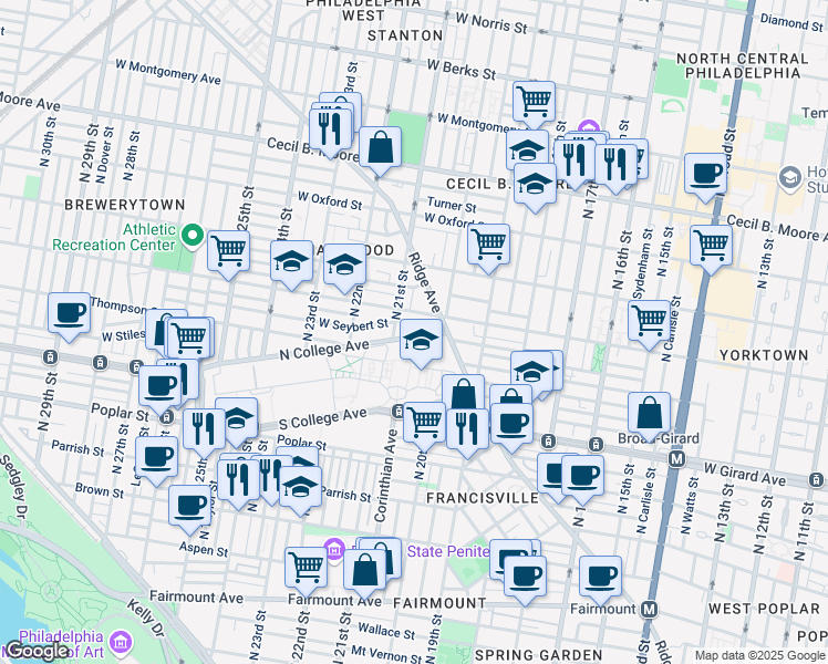 map of restaurants, bars, coffee shops, grocery stores, and more near 2031 North College Avenue in Philadelphia