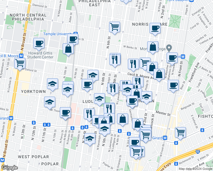map of restaurants, bars, coffee shops, grocery stores, and more near 1558 North Randolph Street in Philadelphia