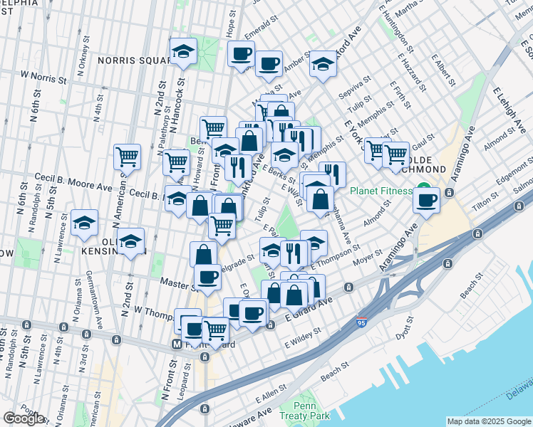 map of restaurants, bars, coffee shops, grocery stores, and more near 1714 Memphis Street in Philadelphia