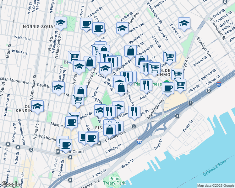 map of restaurants, bars, coffee shops, grocery stores, and more near 632 Gaul Street in Philadelphia