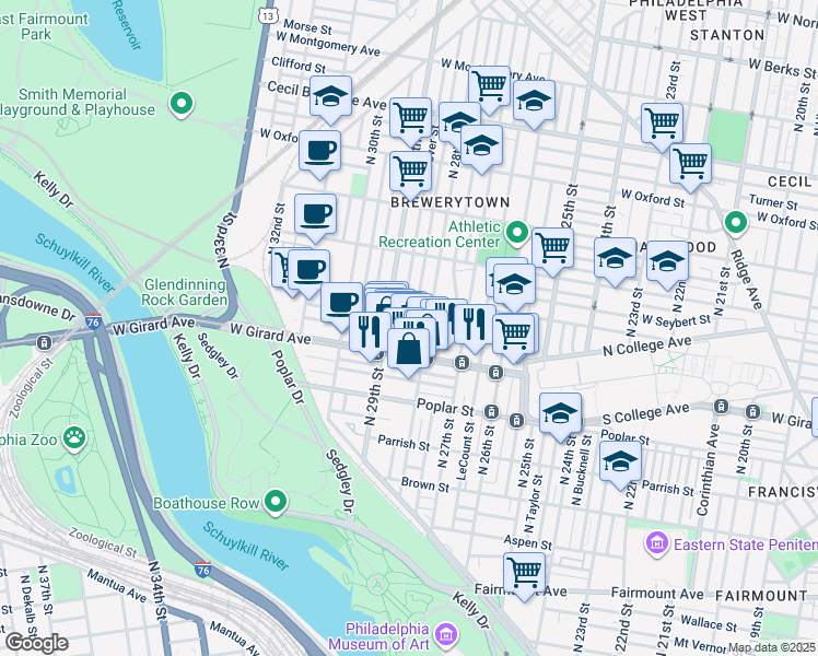 map of restaurants, bars, coffee shops, grocery stores, and more near 2819 West Stiles Street in Philadelphia