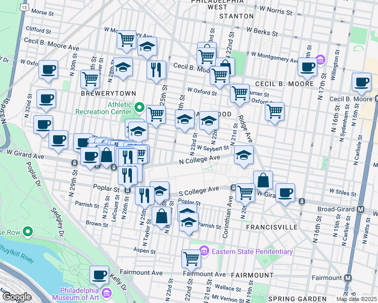 map of restaurants, bars, coffee shops, grocery stores, and more near 1260 North 23rd Street in Philadelphia