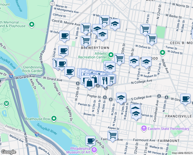 map of restaurants, bars, coffee shops, grocery stores, and more near 2707 West Stiles Street in Philadelphia
