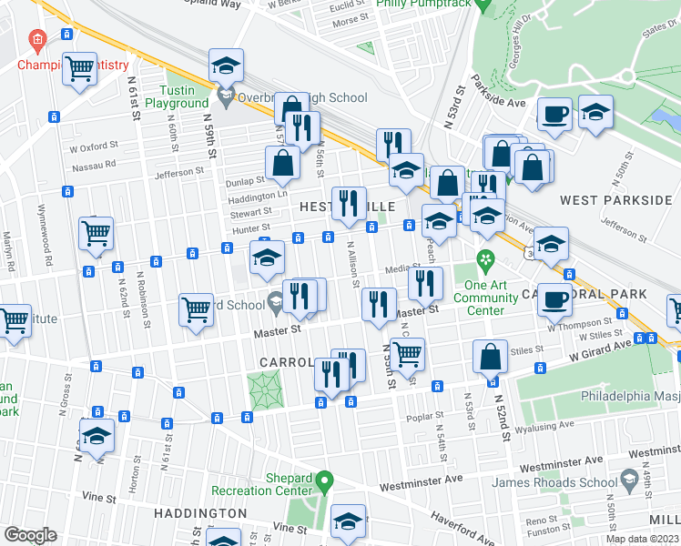 map of restaurants, bars, coffee shops, grocery stores, and more near 5551 Media Street in Philadelphia