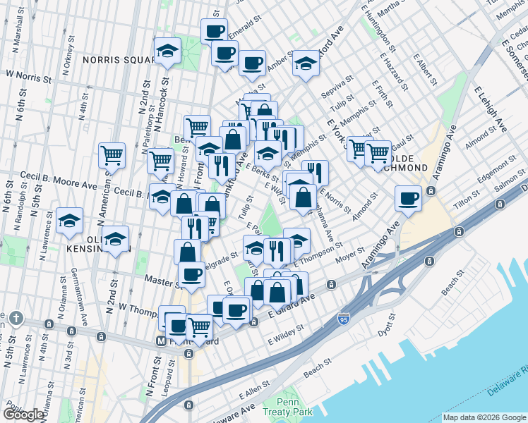 map of restaurants, bars, coffee shops, grocery stores, and more near Memphis St & E Eyre St in Philadelphia
