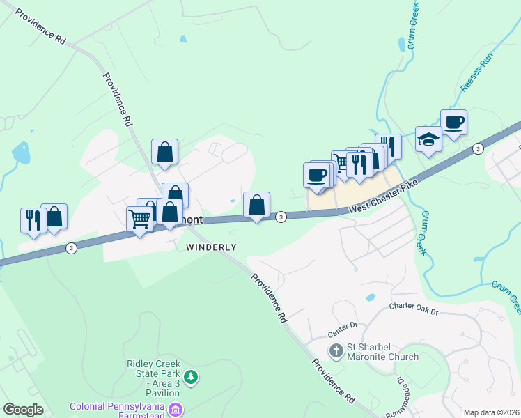 map of restaurants, bars, coffee shops, grocery stores, and more near 4921 West Chester Pike in Newtown Square