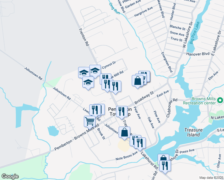 map of restaurants, bars, coffee shops, grocery stores, and more near 120 Trenton Road in Pemberton Township