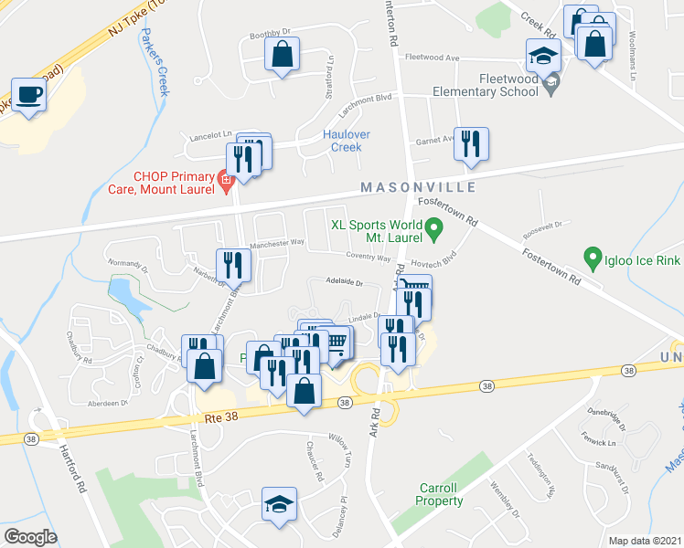 map of restaurants, bars, coffee shops, grocery stores, and more near 4801A Adelaide Drive in Mount Laurel