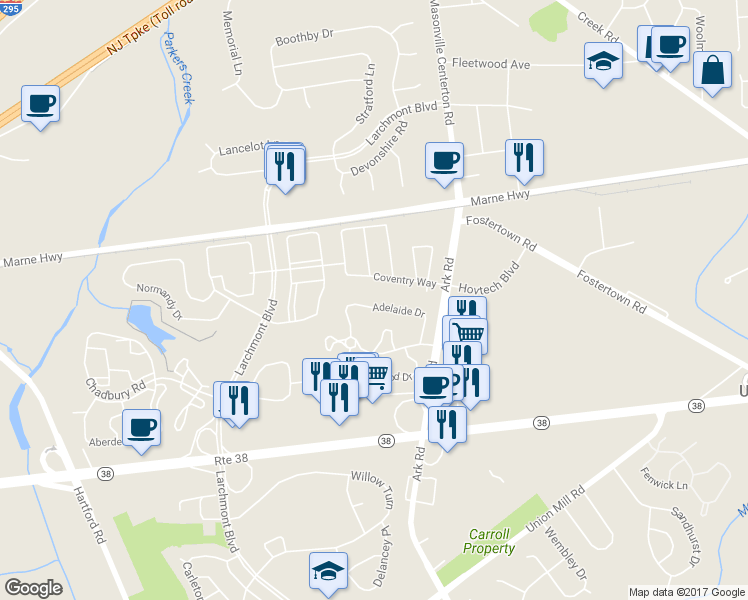 map of restaurants, bars, coffee shops, grocery stores, and more near 4706B Adelaide Drive in Mount Laurel Township