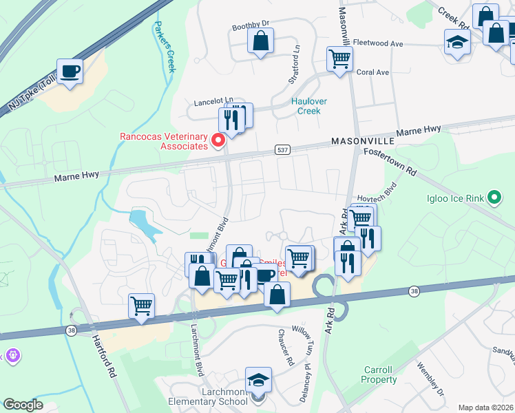 map of restaurants, bars, coffee shops, grocery stores, and more near 1502 Saxony Drive in Mount Laurel