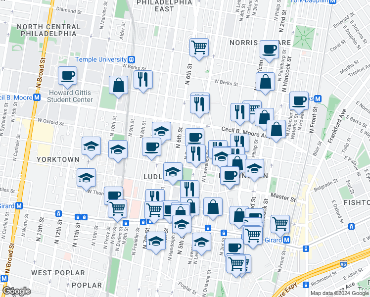 map of restaurants, bars, coffee shops, grocery stores, and more near 1602 North Randolph Street in Philadelphia
