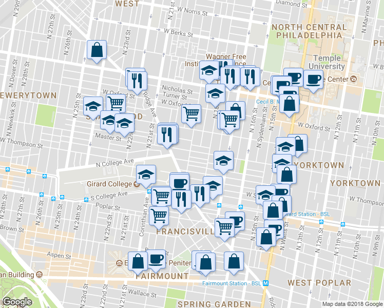 map of restaurants, bars, coffee shops, grocery stores, and more near in Philadelphia