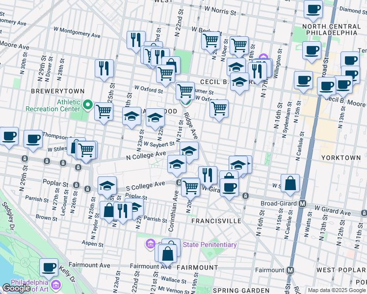 map of restaurants, bars, coffee shops, grocery stores, and more near 2031 North College Avenue in Philadelphia