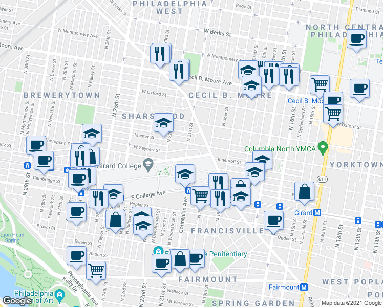map of restaurants, bars, coffee shops, grocery stores, and more near 2031 North College Avenue in Philadelphia