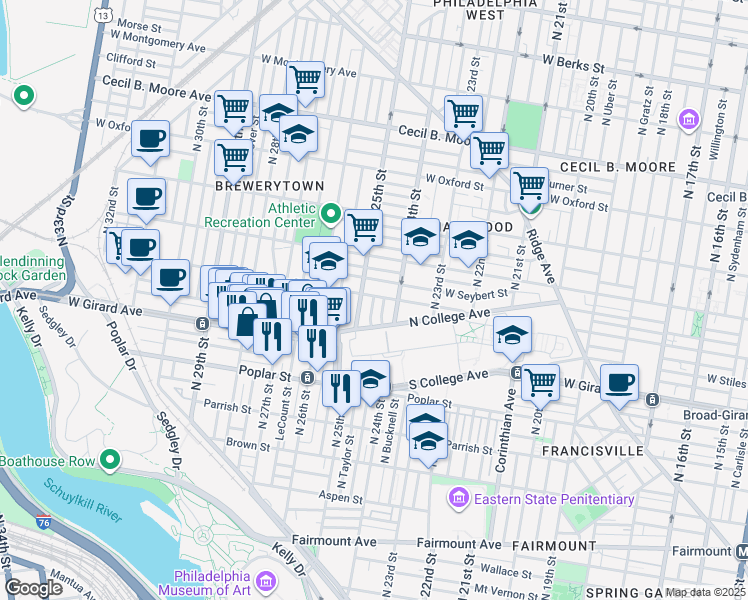 map of restaurants, bars, coffee shops, grocery stores, and more near 1217 North 25th Street in Philadelphia