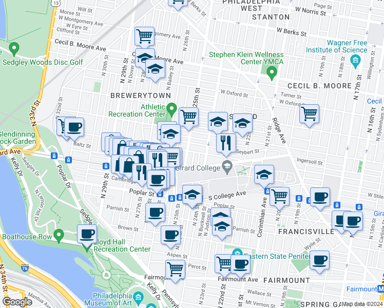map of restaurants, bars, coffee shops, grocery stores, and more near 1217 North 25th Street in Philadelphia