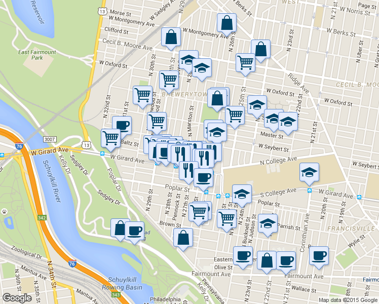 map of restaurants, bars, coffee shops, grocery stores, and more near 1237 North 27th Street in Philadelphia