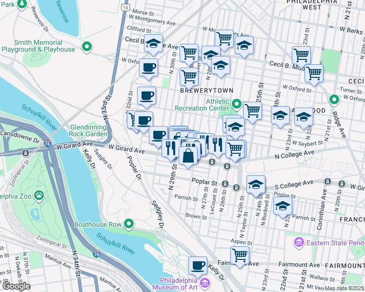 map of restaurants, bars, coffee shops, grocery stores, and more near in Philadelphia