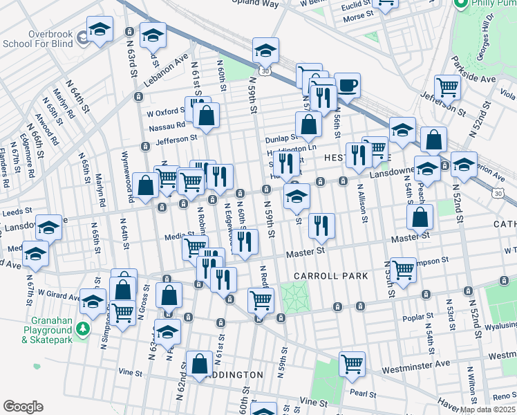 map of restaurants, bars, coffee shops, grocery stores, and more near 1518 North 59th Street in Philadelphia