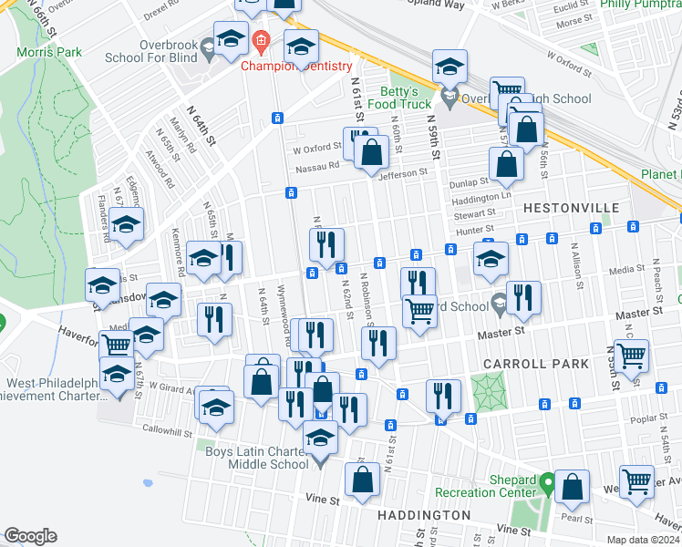 map of restaurants, bars, coffee shops, grocery stores, and more near 1540 North Robinson Street in Philadelphia