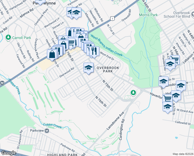 map of restaurants, bars, coffee shops, grocery stores, and more near 7507 Woodcrest Avenue in Philadelphia