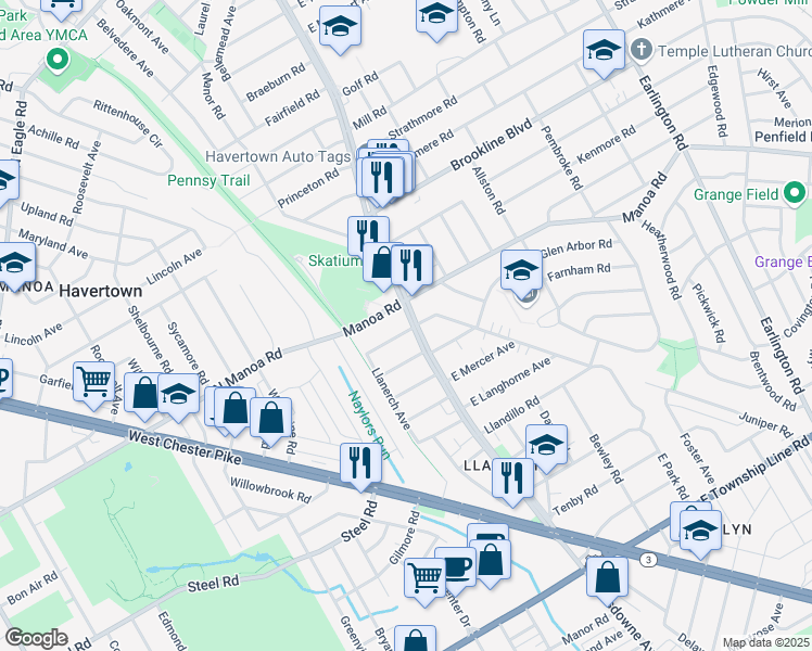 map of restaurants, bars, coffee shops, grocery stores, and more near 812 Darby Road in Havertown