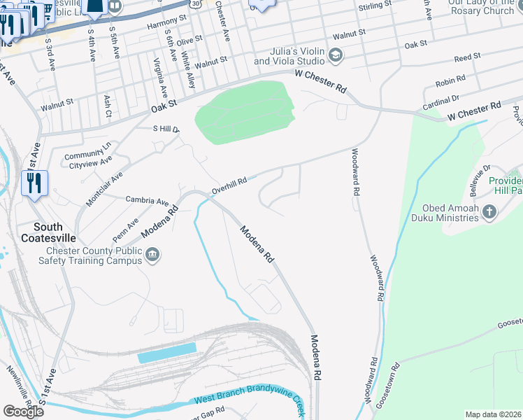 map of restaurants, bars, coffee shops, grocery stores, and more near 89 Lukens Mill Drive in Coatesville