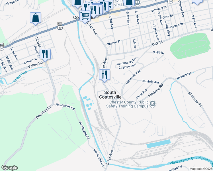map of restaurants, bars, coffee shops, grocery stores, and more near in South Coatesville