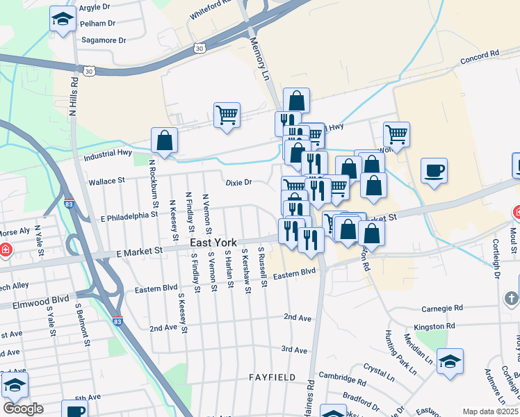 map of restaurants, bars, coffee shops, grocery stores, and more near 24 North Royal Street in East York