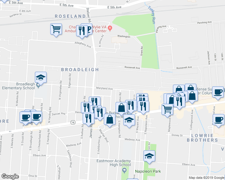 map of restaurants, bars, coffee shops, grocery stores, and more near 125 North Everett Avenue in Columbus