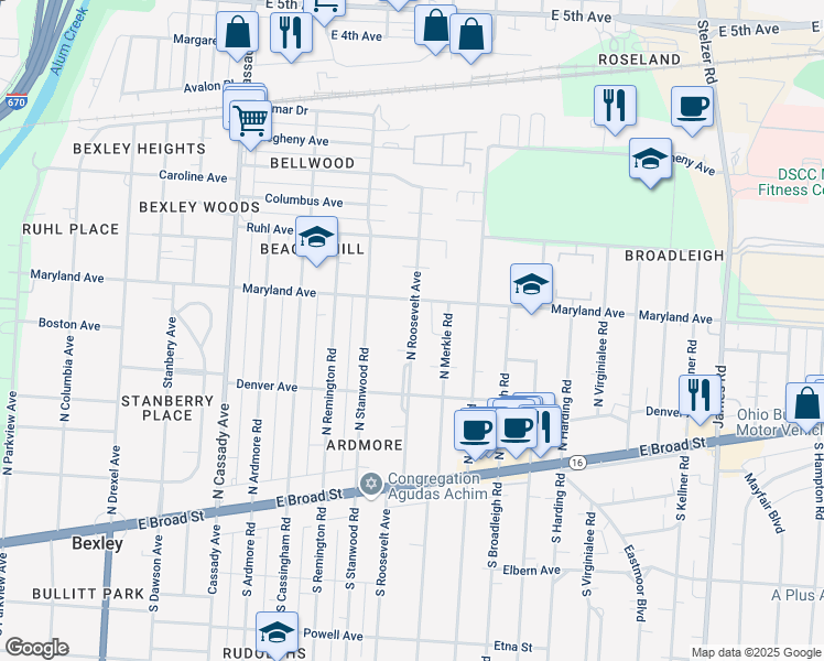 map of restaurants, bars, coffee shops, grocery stores, and more near 203 North Roosevelt Avenue in Columbus