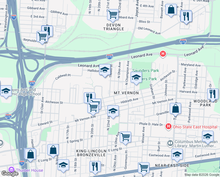 map of restaurants, bars, coffee shops, grocery stores, and more near 441 Trevitt Street in Columbus