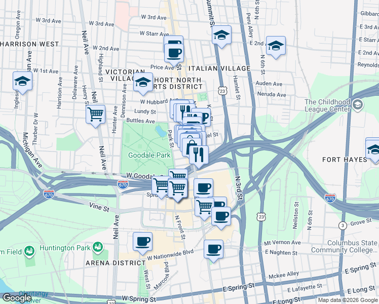 map of restaurants, bars, coffee shops, grocery stores, and more near 625 North High Street in Columbus