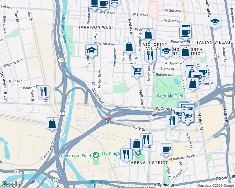 map of restaurants, bars, coffee shops, grocery stores, and more near 406 Thurber Drive West in Columbus