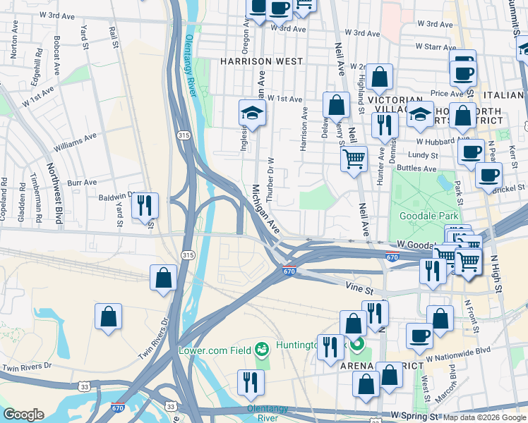map of restaurants, bars, coffee shops, grocery stores, and more near 720 Michigan Avenue in Columbus