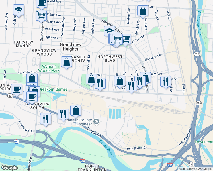 map of restaurants, bars, coffee shops, grocery stores, and more near 1180 Goodale Boulevard in Columbus