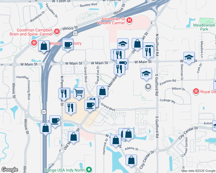 map of restaurants, bars, coffee shops, grocery stores, and more near 12845 Old Meridian Street in Carmel