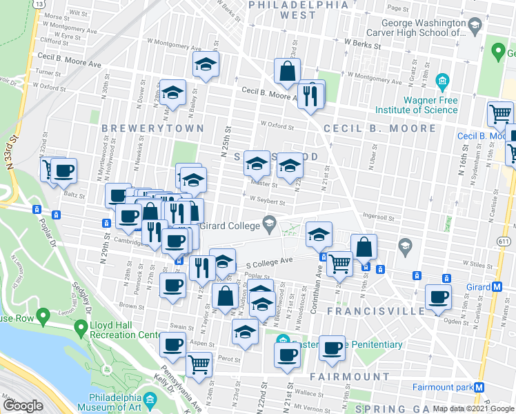 map of restaurants, bars, coffee shops, grocery stores, and more near 2317 West Thompson Street in Philadelphia
