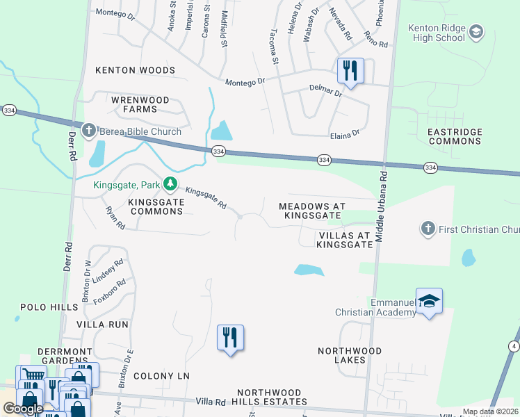 map of restaurants, bars, coffee shops, grocery stores, and more near 1486 Kingsgate Road in Springfield